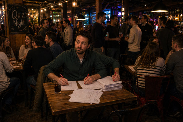 Animateur qui corrige des feuilles de quiz à la main